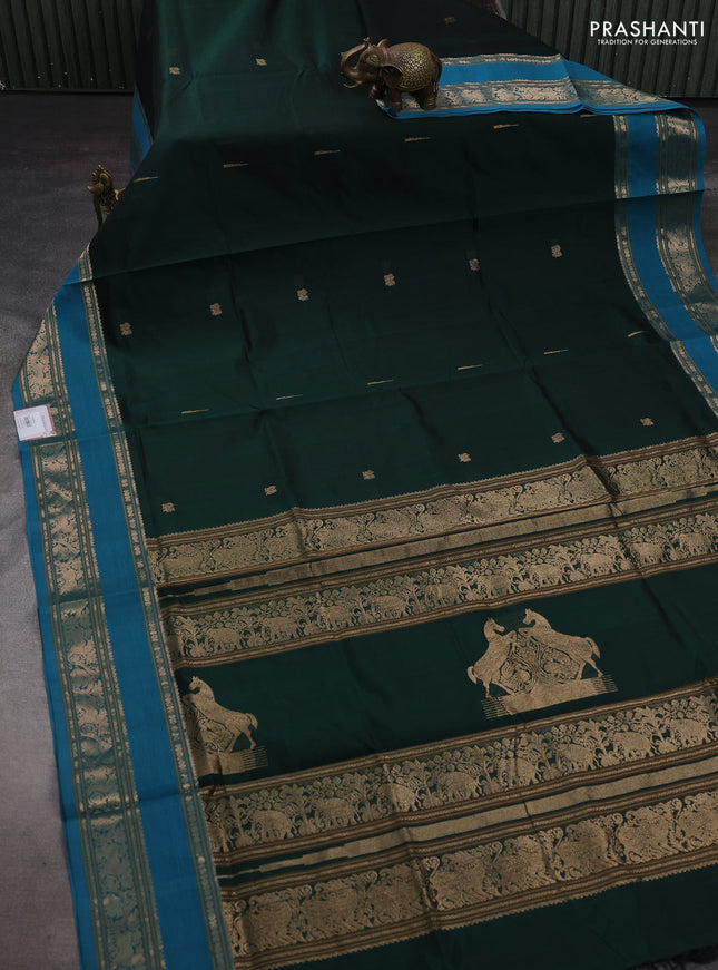 Bottle Green & Teal Blue Kanchipuram Silk Cotton - Buttas