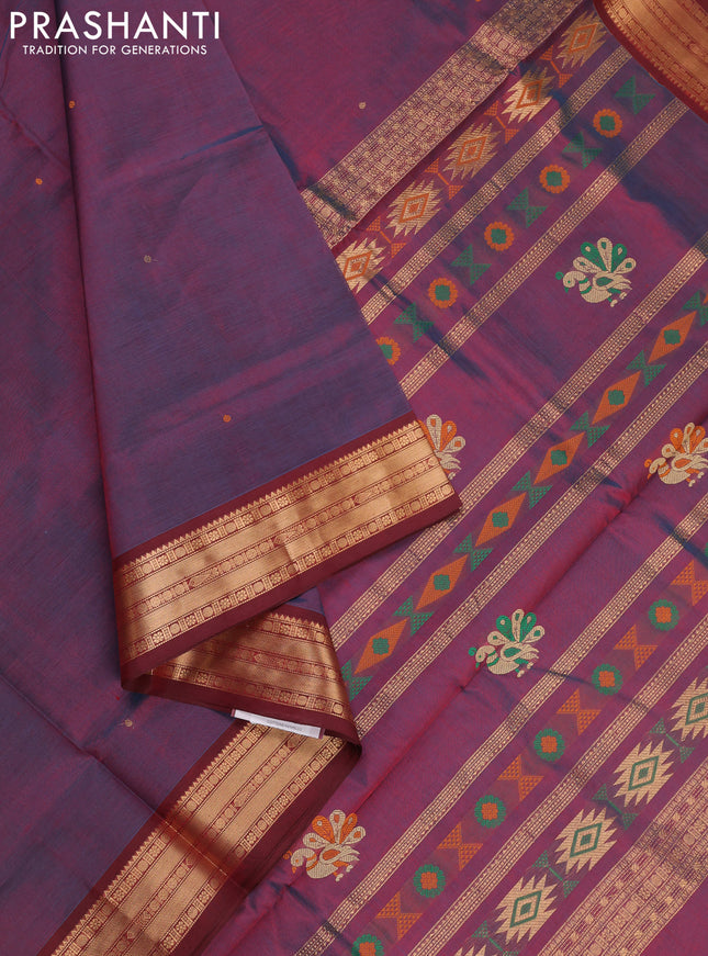 Peacock Blue & Maroon Kanchipuram Silk Cotton - Buttas