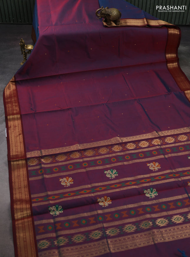 Peacock Blue & Maroon Kanchipuram Silk Cotton - Buttas