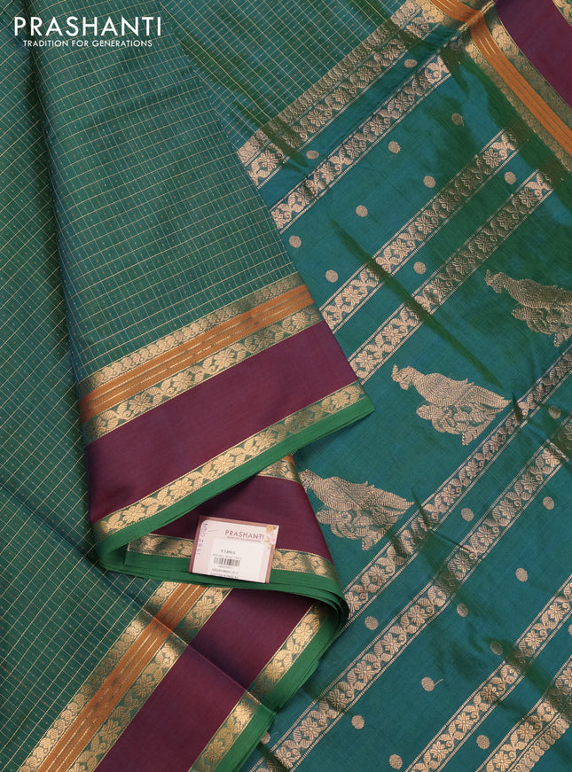 Peacock Green & Wine Kanchipuram Silk Cotton - Laksha Deepam