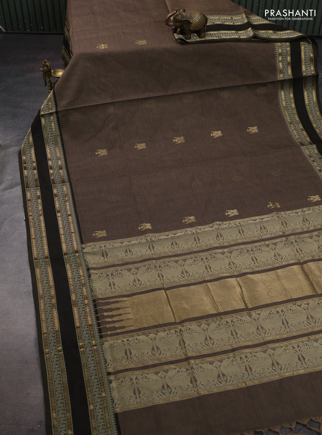 Pastel Brown & Olive Green Kanchipuram Silk Cotton - Buttas