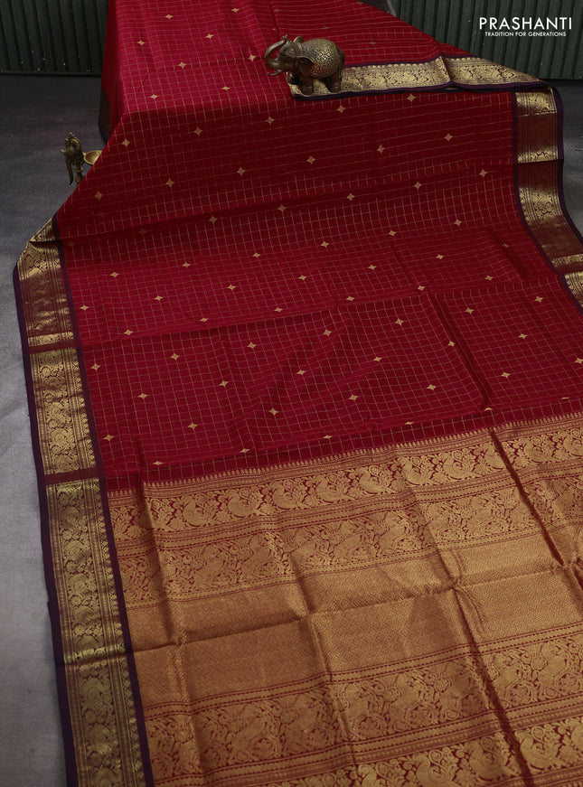 Red & Purple Kanchipuram Silk Cotton - Checks