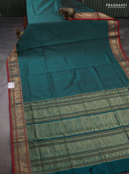 Peacock Green & Red Kanchipuram Silk Cotton - Laksha Deepam