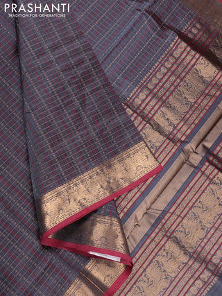 Grey & Red Kanchipuram Silk Cotton - Checks