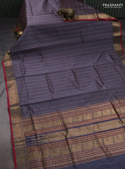 Grey & Red Kanchipuram Silk Cotton - Checks