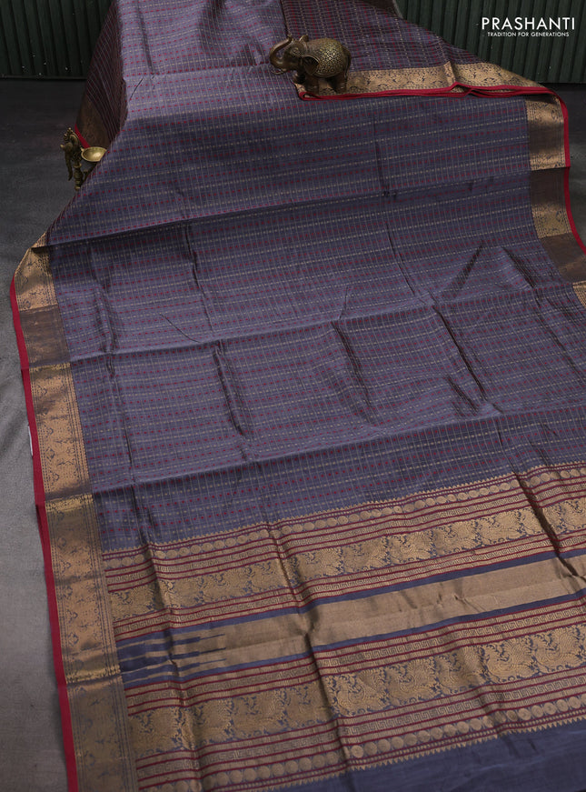 Grey & Red Kanchipuram Silk Cotton - Checks