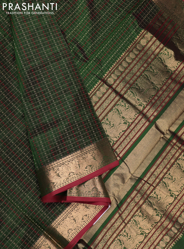 Green & Red Kanchipuram Silk Cotton - Checks