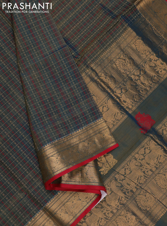 Peacock Blue & Red Kanchipuram Silk Cotton - Checks