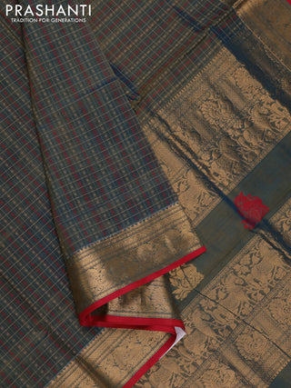 Peacock Blue & Red Kanchipuram Silk Cotton - Checks