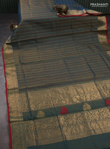 Peacock Blue & Red Kanchipuram Silk Cotton - Checks