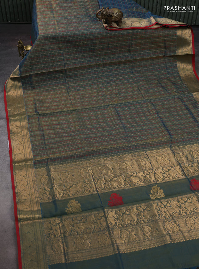 Peacock Blue & Red Kanchipuram Silk Cotton - Checks