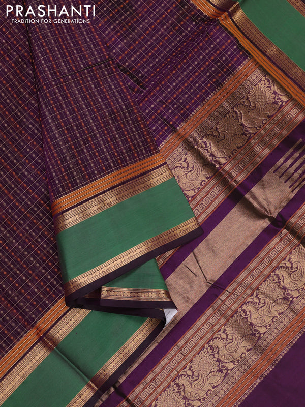 Purple & Green Kanchipuram Silk Cotton - Checks
