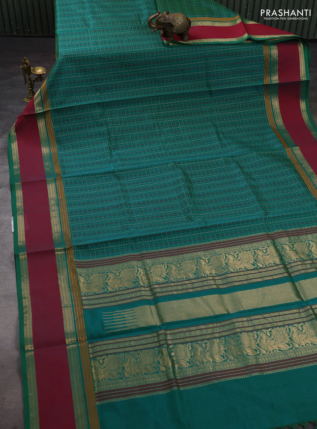Green & Red Kanchipuram Silk Cotton - Checks