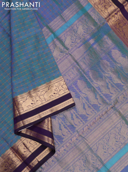 Teal Green & Purple Kanchipuram Silk Cotton - Checks