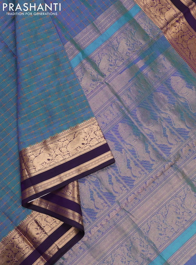 Teal Green & Purple Kanchipuram Silk Cotton - Checks