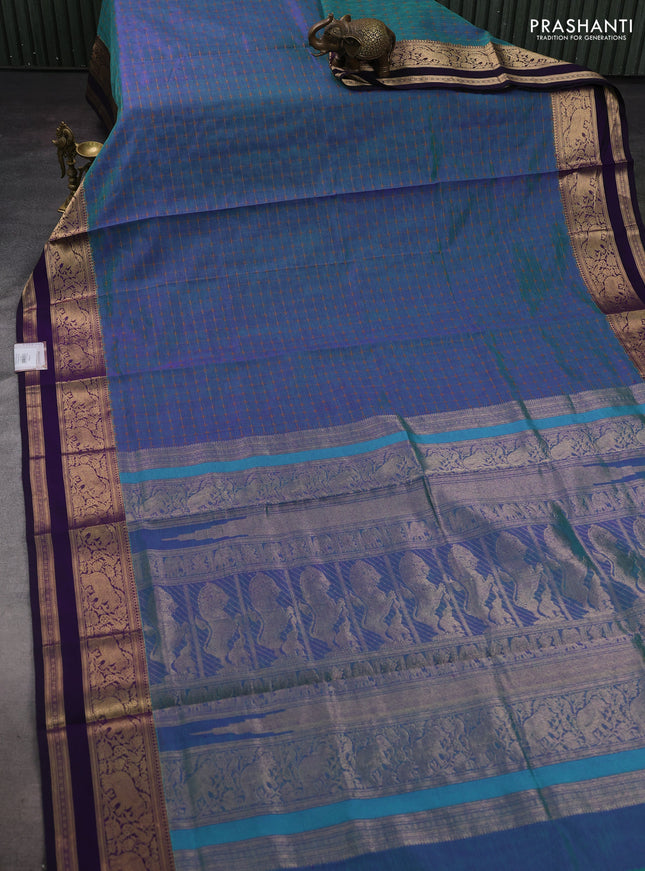 Teal Green & Purple Kanchipuram Silk Cotton - Checks