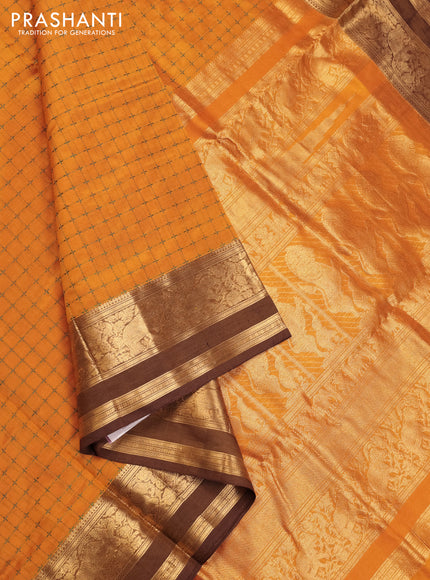Mustard Yellow & Brown Kanchipuram Silk Cotton - Checks