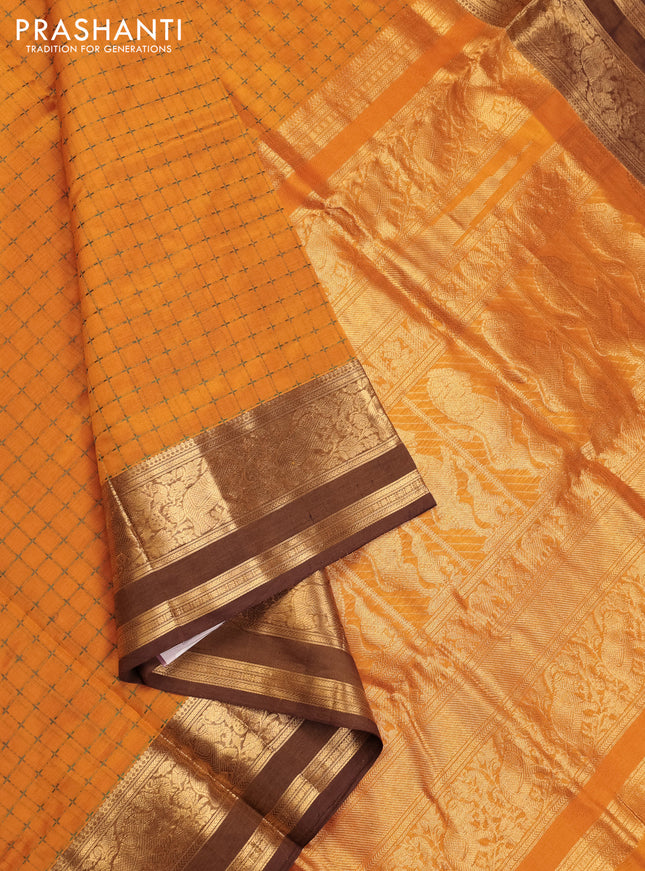Mustard Yellow & Brown Kanchipuram Silk Cotton - Checks