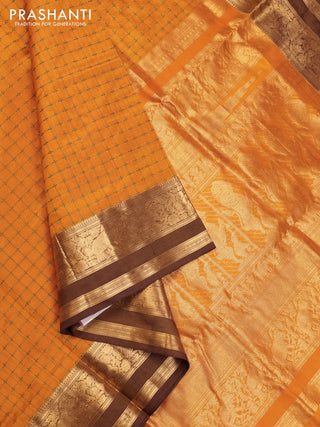 Mustard Yellow & Brown Kanchipuram Silk Cotton - Checks