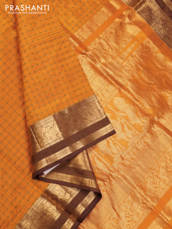 Mustard Yellow & Brown Kanchipuram Silk Cotton - Checks