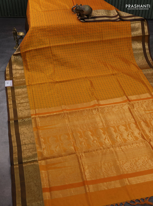 Mustard Yellow & Brown Kanchipuram Silk Cotton - Checks