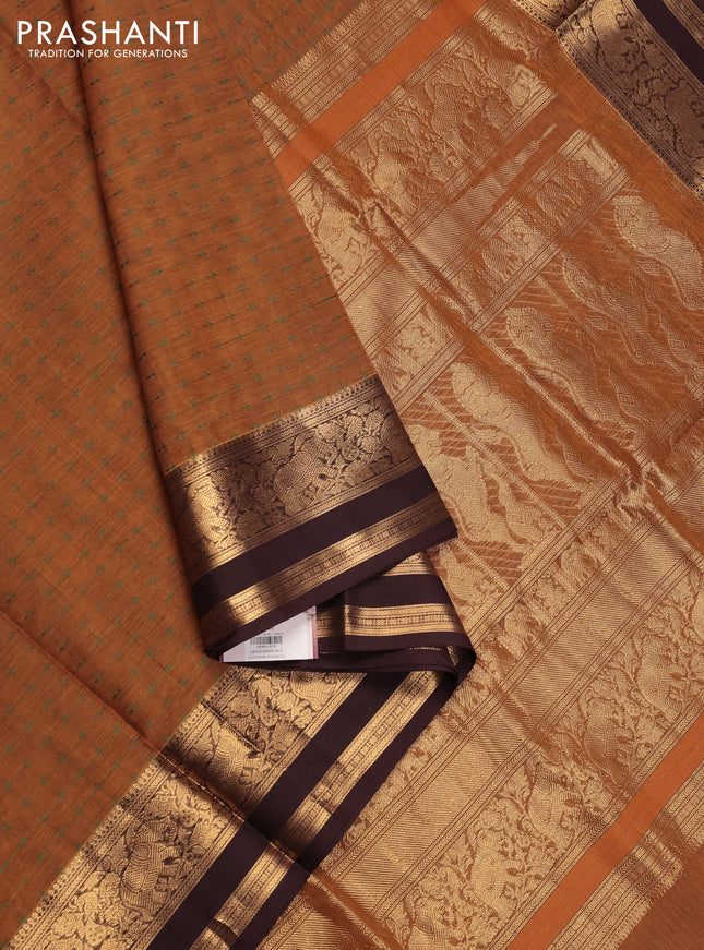 Mustard Yellow & Coffee Brown Kanchipuram Silk Cotton - Checks