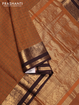 Mustard Yellow & Coffee Brown Kanchipuram Silk Cotton - Checks
