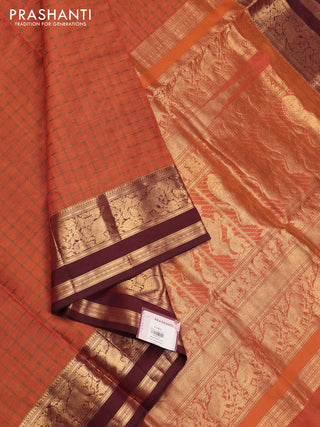 Orange & Maroon Kanchipuram Silk Cotton - Checks