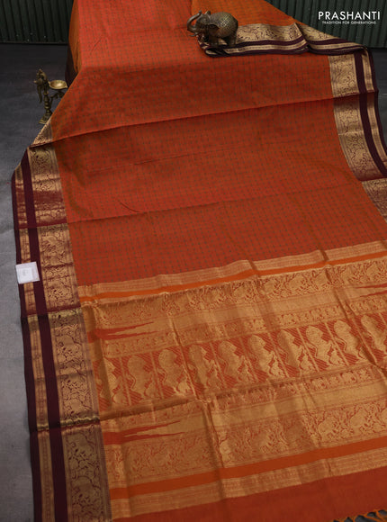 Orange & Maroon Kanchipuram Silk Cotton - Checks