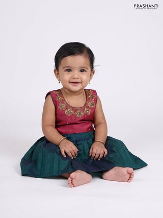 Magenta Pink & Peacock Green Silk Frock