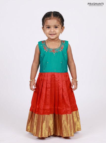 Teal Green & Red Silk Frock
