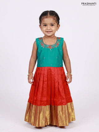 Teal Green & Red Silk Frock
