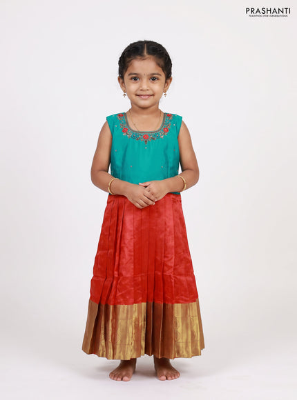 Teal Green & Red Silk Frock