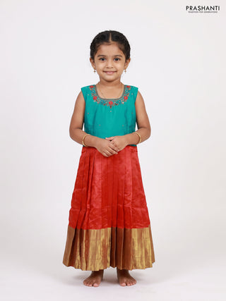 Teal Green & Red Silk Frock