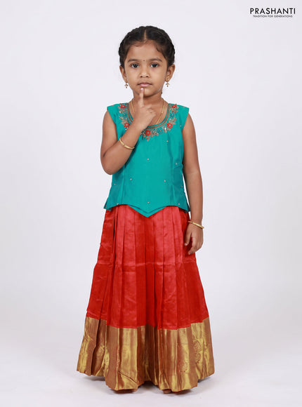 Teal & Red Silk Lehenga