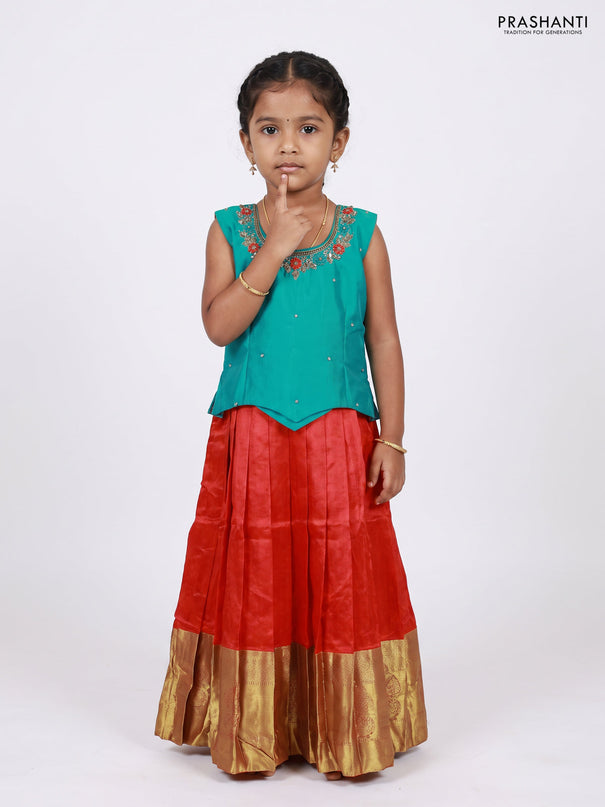 Teal & Red Silk Lehenga