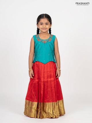 Teal Green & Red Silk Frock
