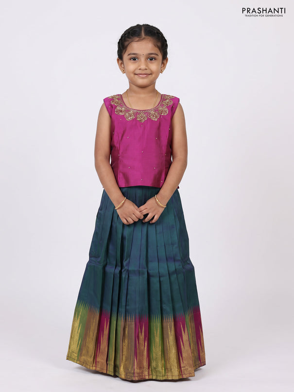 Magenta Pink & Peacock Green Silk Lehenga