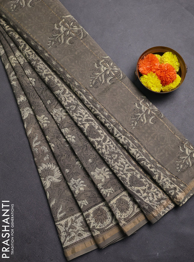 Grey Chanderi Bagru Saree