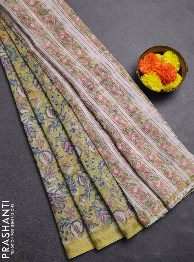 Pista Green & Off White Chanderi Bagru Saree