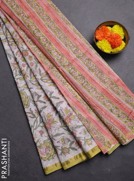 Off White & Pista Green Chanderi Bagru Saree