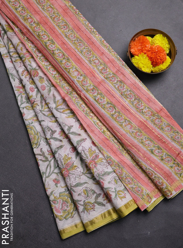 Off White & Pista Green Chanderi Bagru Saree