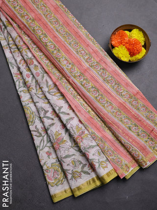 Off White & Pista Green Chanderi Bagru Saree