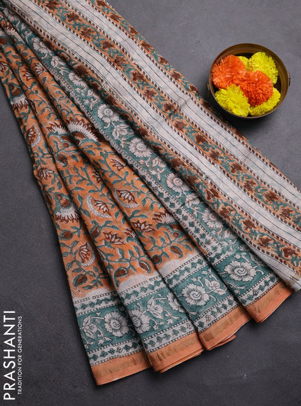 Peach Orange & Teal Green Chanderi Bagru Saree