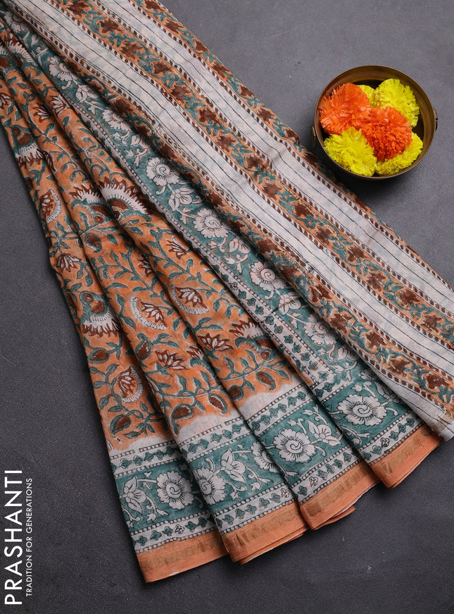 Peach Orange & Teal Green Chanderi Bagru Saree