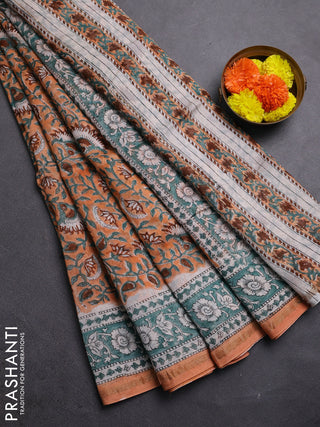 Peach Orange & Teal Green Chanderi Bagru Saree