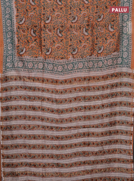 Peach Orange & Teal Green Chanderi Bagru Saree