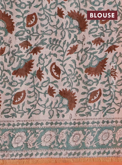 Peach Orange & Teal Green Chanderi Bagru Saree