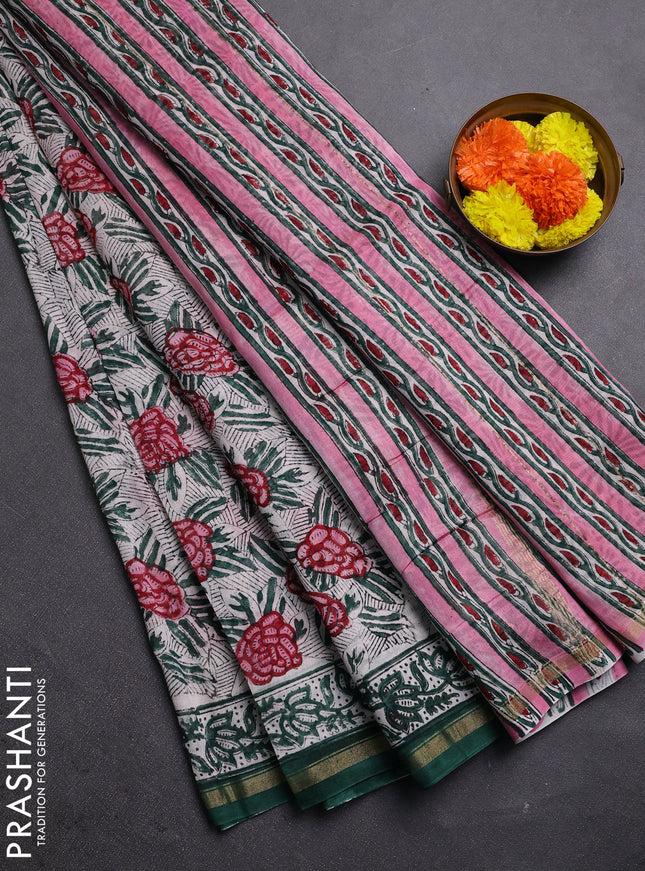 Pink & Off White Chanderi Bagru Saree