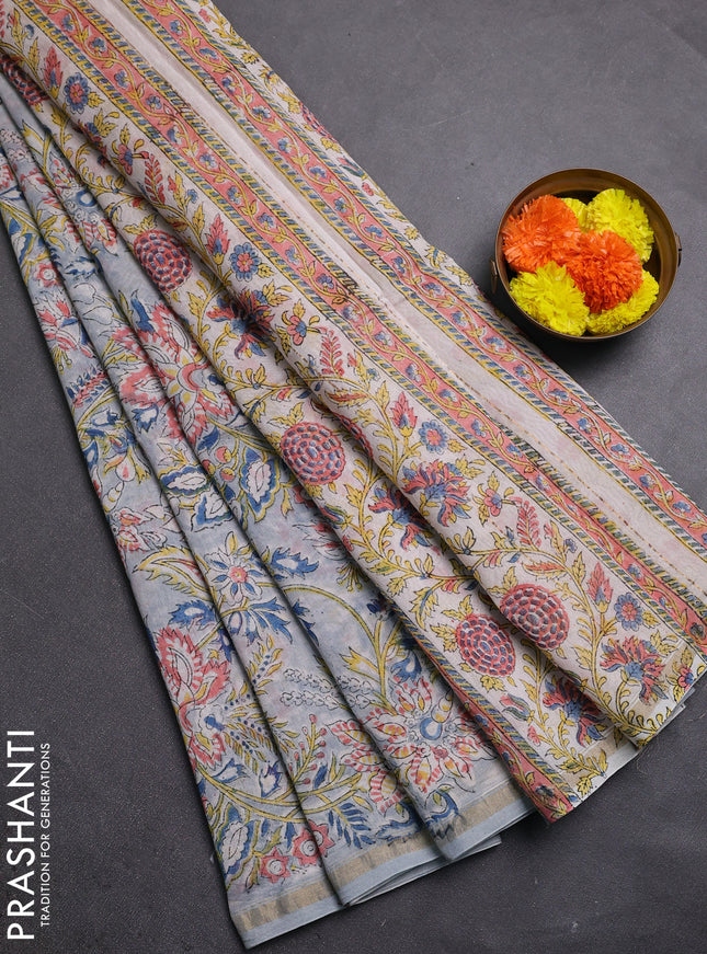 Pastel Blue & Off White Chanderi Bagru Saree